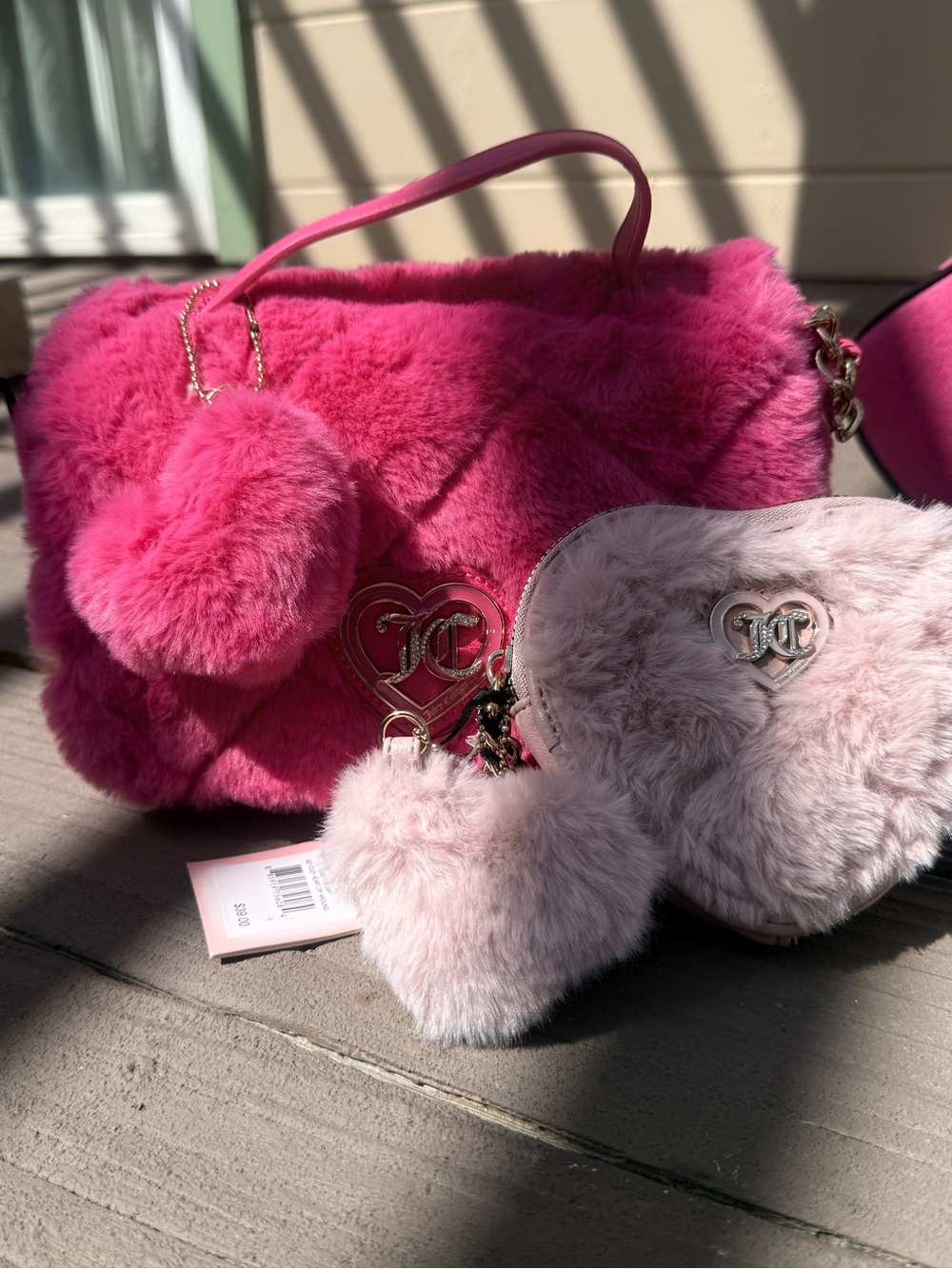 Pink Faux-Fur Heart Crossbody Bag with Pom Pom Accent